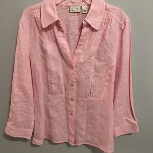 Women’s Kim Roger’s 100% Linen Pink V-neck Pintuck 3/4 Sleeve Top, Large